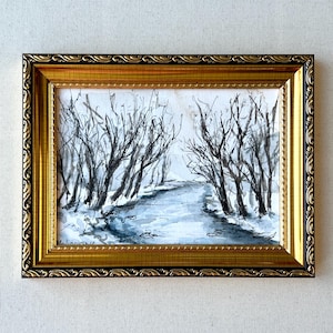 WINTER RIVER LANDSCAPE Watercolor Painting - Unframed Original Landscape Painting - Snowy Forest Wall Art Farmhouse - Cottage or Cabin Decor