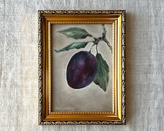 PLUM BRANCH Oil Painting - Unframed Oil Painting - Fruit Still Life - Minimalist Wall Art - Kitchen Wall Decor - Plum Art - Fruit Art