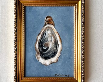 OYSTER on BLUE Oil Painting - Unframed Original Oyster Shell Oil Painting - Coastal Kitchen Wall Art - Seafood Painting - Farmhouse Painting