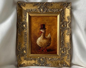Framed Whimsical Duck Oil Painting – 5x7 inches – Original Bird Artwork