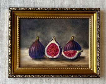 Feigen #4 Ölgemälde - Ungerahmtes Original Stillleben mit Feigen - Französische Küchenkunst - Minimalistische Kunst - Obst Stillleben - Landhaus Dekor