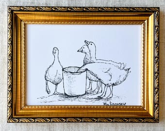 OLD FRIENDS Unframed Art Print - Duck Drawing Ink Sketch Print - Minimalist Duck Drawing - Nursery Decor - Farmhouse Painting - Ducks Art