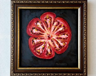 Pintura al óleo de tomate - Bodegón de tomate sin marco - Arte rústico para pared de cocina - Decoración de verduras de granja - Arte de comida campestre francesa