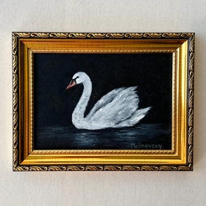 ELEGANT WHITE SWAN Oil Painting - Unframed Bird Oil Painting - Farmhouse Kitchen Decor - Small Minimalist Artwork - White Bird Wall Art