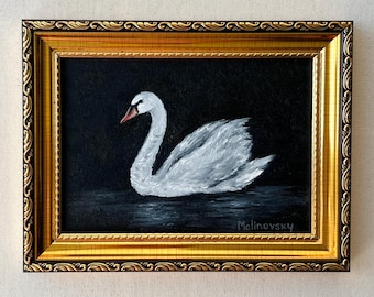 ELEGANT WHITE SWAN Oil Painting - Unframed Bird Oil Painting - Farmhouse Kitchen Decor - Small Minimalist Artwork - White Bird Wall Art