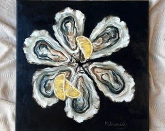 Oysters Oil Painting – Unframed Coastal Still Life – Farmhouse Kitchen Decor – Sea Shell Artwork – Lemon Painting