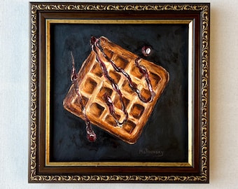 Obraz olejny WAFFLE – Oryginalny obraz olejny z jedzeniem bez ramy – Dekoracja ścienna do kuchni w stylu francuskim – Martwa natura śniadaniowa – Minimalistyczna sztuka kulinarna