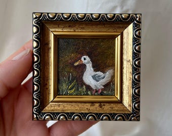 Framed Duck Oil Painting – Miniature Handmade Goose Art (2x2")