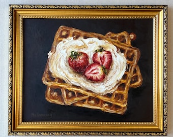 Obraz olejny „Waffle” – nieoprawione, oryginalne martwe życie z jedzeniem – sztuka ścienna do kuchni w stylu wiejskim – dzieło sztuki deserowej