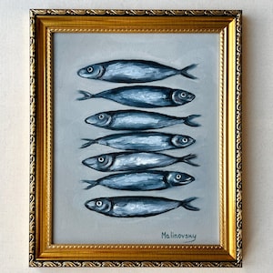 SARDINES Still Life Oil Painting - Unframed Original Fish Oil Painting - Neutral Kitchen Painting - Minimalist Fish Art - French Country Art