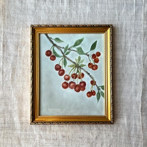 CHERRY BRANCH Oil Painting / Unframed Oil Painting / Fruit Still Life / Vintage Art / Country Painting / Kitchen Wall Decor / Farmhouse Art