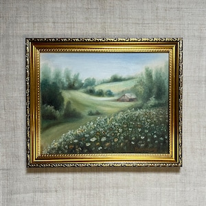 HOME LANDSCAPE Oil Painting - Unframed Oil Painting - Farmhouse Art - Original Landscape Art - Country Field Painting - French Country Art