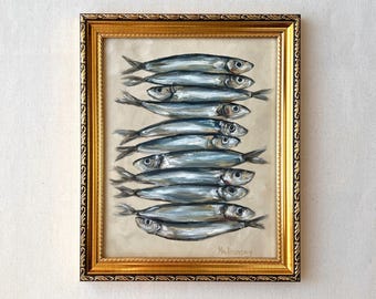 SARDINER #1 Oljemålning - oramad original fiskoljemålning - Sardinkonst - Fransk kökskonst - Fiskstilleben - Väggkonst med skaldjur