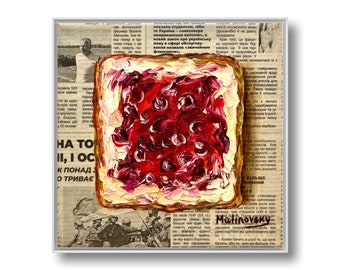Jam toast painting Original Oil Painting Food painting Bread art Breakfast painting Newspaper art