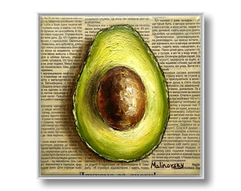 Avocado art Original oil painting Food painting Vegetable art Avocado painting Newspaper art Food wall art