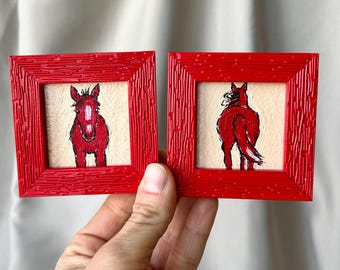 Red fire horse oil painting - Framed set miniature 2x2 - Original gift bundle
