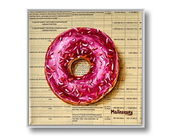 Donut painting Original oil painting Doughnut art Food painting Dessert painting Newspaper art