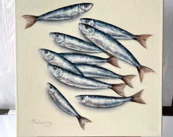 Fish art Original oil painting Realism painting Food painting Sardine art Seafood wall art Coastal art 16x16"