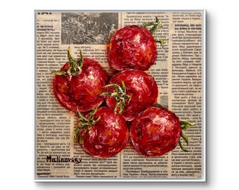 Tomato art Original Oil painting Food painting Tomato painting Newspaper art Vegetable painting