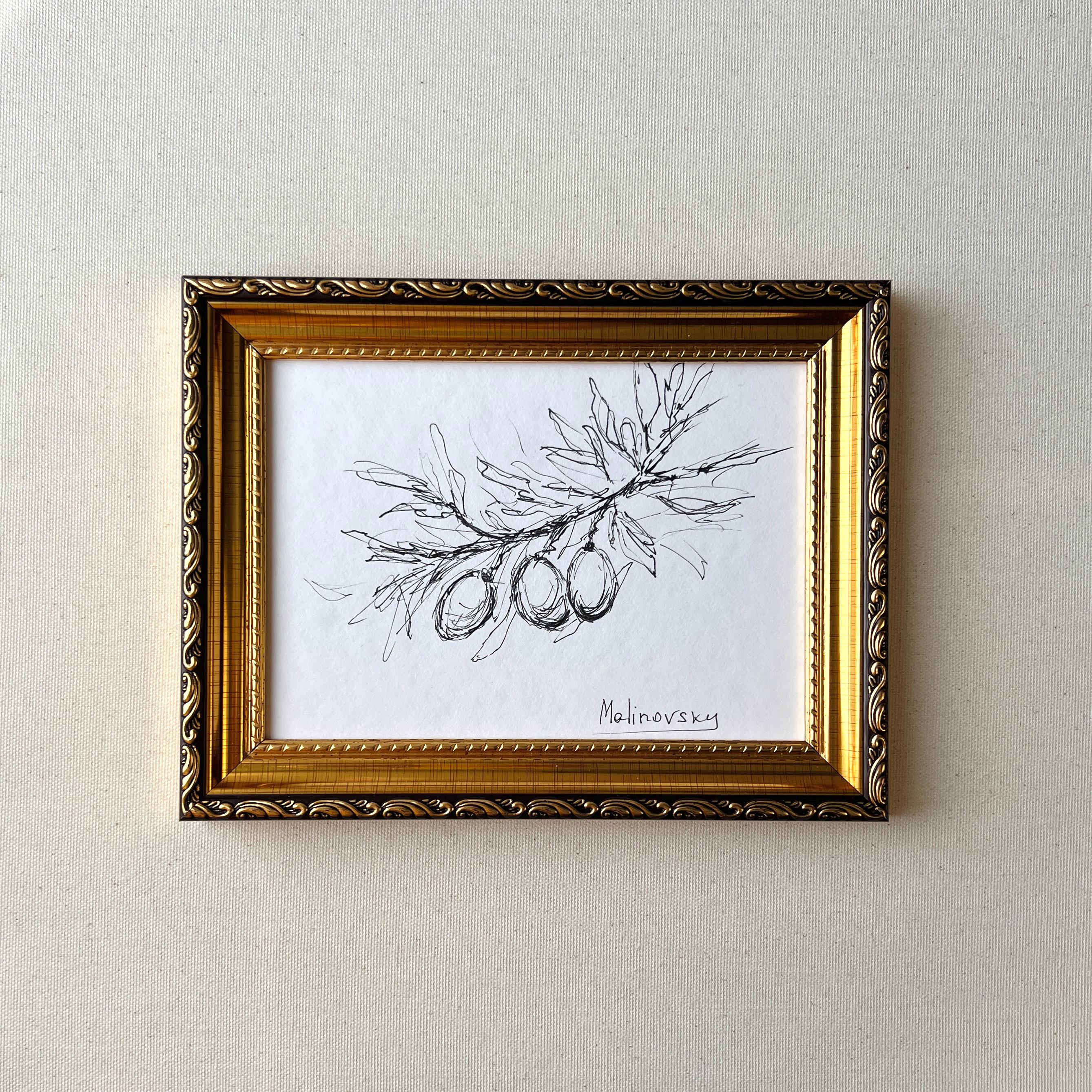 OLIVE BRANCH Sketch - Unframed Olive Ink Drawing - Minimalist Botanical Art - Olive Art - Cottagecore Painting - Farmhouse Kitchen Decor