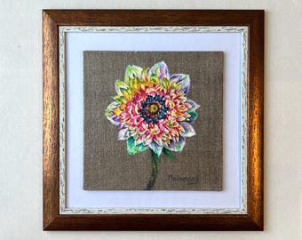 Colorful Flower Painting on Linen: Small Acrylic Floral Art - Unframed
