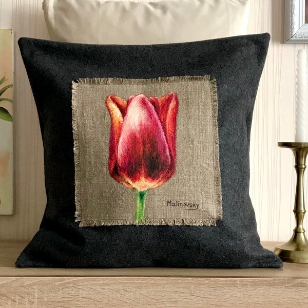 Pillow Cover Original acrylic paining Red Flower Painting Hand Painted Pillow Cover Wool Linen 18 by 18"