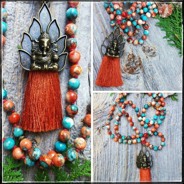 Ganesh Mala, Jade Hand Knotted 108 Mala, Japa Mala, Root Chakra Mala, Ganesha Mala, Long Tassel Mala,Mala Necklace,Himalayan Skies 108 Mala