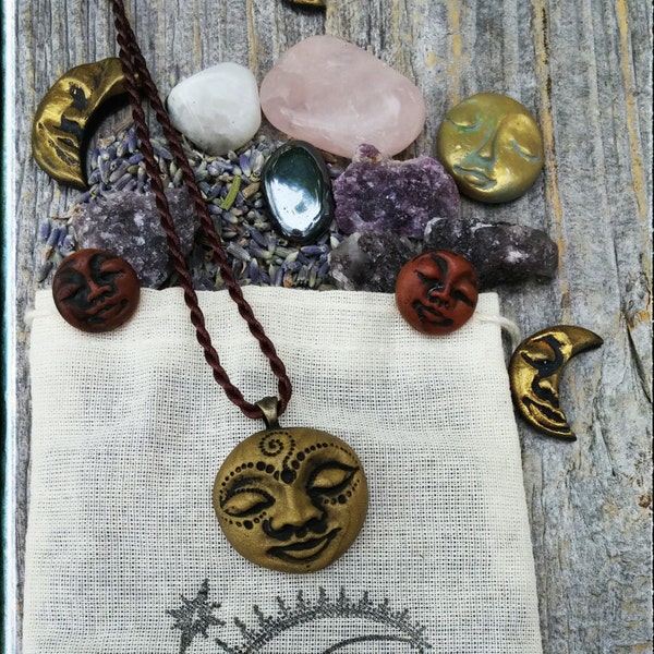 Sale Clay Moon Necklace, Moon Earrings, Moon Clay Jewelry Gift Set  Botanical Sachet, Moonstone, Lavender, Rose Quartz, Lepidolite, Hematite