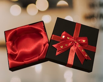 GOLD HEART print JEWELLERY gift box with red satin ribbon for earring ring necklace bracelet set bangle watch - black small medium large big