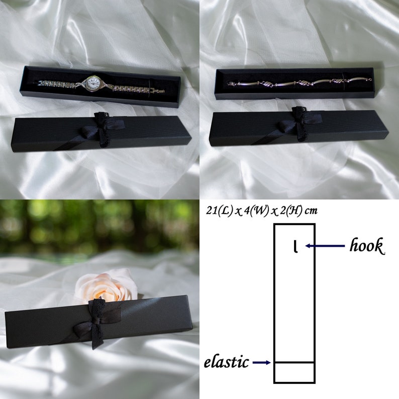 May include: Three black gift boxes with black ribbon bows. The boxes are 21 cm long, 4 cm wide, and 2 cm high. The boxes are designed to hold jewelry, such as watches and bracelets.