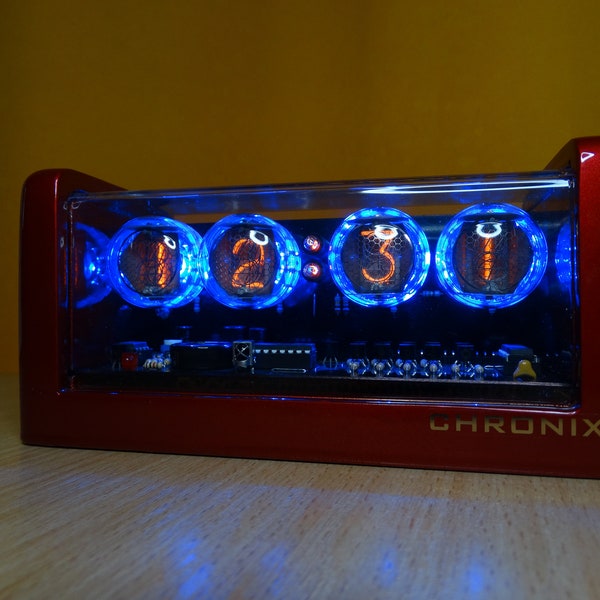 HORLOGE NIXIE TUBES 4xZ560M avec rétroéclairage LED bleu, alarme, télécommande, boîtier en bois métallisé rouge doré