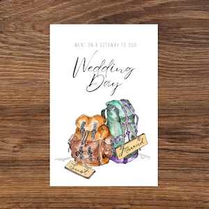 Elopement de randonnée aventure, escapade en fuite, petit sac à dos en montagne vacances de mariage, faire-part de mariage, carte de voeux