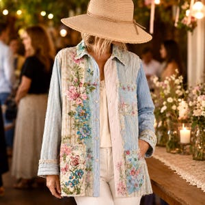May include: A long-sleeved button-down shirt featuring a patchwork design with light blue denim, cream fabric, and floral embroidery. The shirt includes two front pockets, a collar, and intricate butterfly and flower patterns in pink and blue.