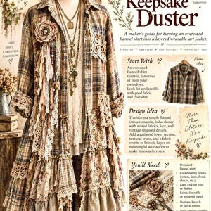 May include: An upcycled duster jacket made from a plaid flannel shirt, featuring layered ruffles, lace trim, and a fabric rosette. The garment is adorned with multiple necklaces and includes text overlays detailing a guide for creating this layered piece.