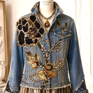 May include: A blue denim jacket featuring a large, dark floral appliqué on the right chest and a stem design extending downward. The jacket includes metallic embroidery, sequins, and frayed edges at the hem and collar, displayed on a mannequin.