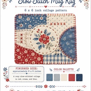 Pode incluir: Um porta-copos quadrado de 15,24 x 15,24 cm com um padrão de colagem costurado à mão em vermelho, creme e azul. O design inclui retalhos de tecido floral e xadrez unidos com pontos de festão vermelhos visíveis e um motivo floral central.
