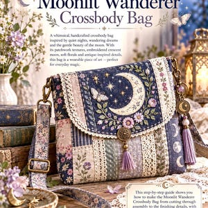 May include: A patchwork crossbody bag featuring a dark blue flap with an embroidered crescent moon, stars, and flowers. The bag includes lace trim, a metal button closure, a purple tassel, and a long adjustable strap with floral patterns.