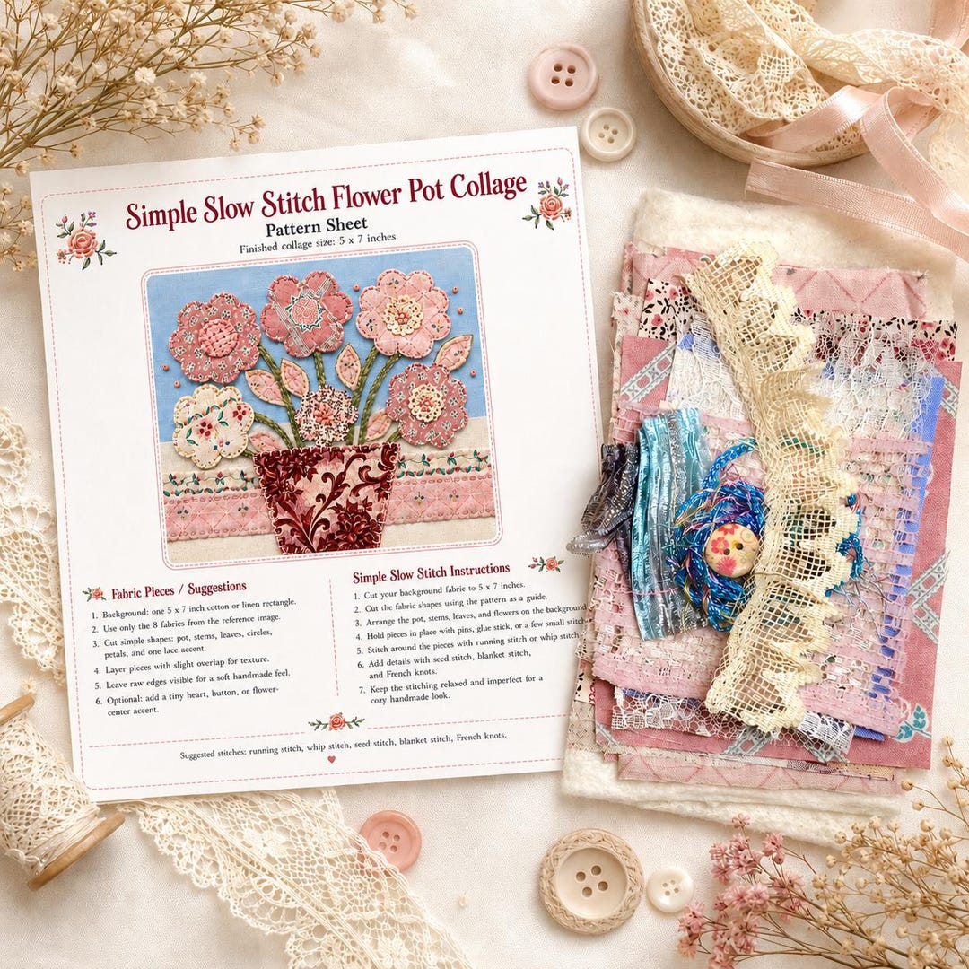 Slow Cooker Flower Pattern Simple Slow Stitch Flower Pot Collage Pattern – Beginner Fabric Art ...