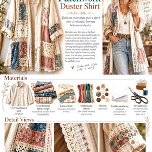 Puede incluir: Una camisa larga tipo duster con un diseño de patchwork en telas color crema, azul y estampados florales, con ribetes de encaje, costuras visibles y cierre frontal de botones. Se muestra junto a materiales de costura, hilos y botones.