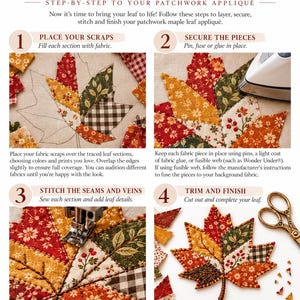 May include: A four-step instructional guide titled Building the Leaf, showing how to create a patchwork maple leaf appliqu&eacute;. The document features fabric scraps, an iron, a sewing machine, and scissors, with text explaining the process.