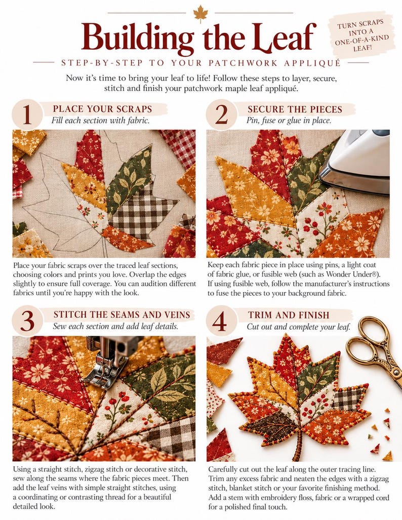 May include: A four-step instructional guide titled Building the Leaf, showing how to create a patchwork maple leaf appliqu&eacute;. The document features fabric scraps, an iron, a sewing machine, and scissors, with text explaining the process.