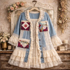 May include: A denim jacket with patchwork details, lace trim, and ruffled accents. The jacket features a light blue wash, plaid pockets, and a cream-colored lace lining. It has long sleeves with flared cuffs and decorative buttons.