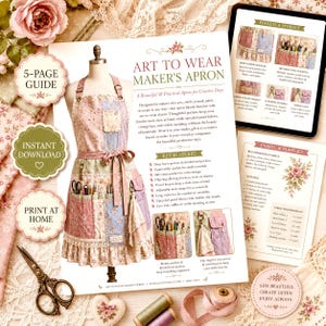 May include: A digital sewing pattern guide for an Art to Wear Maker's Apron, featuring a floral patchwork apron on a dress form, detailed text instructions, pocket diagrams, fabric requirements, and a pair of vintage-style metal scissors.