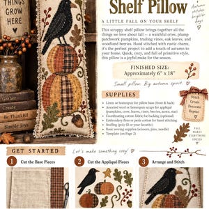 May include: A rectangular linen shelf pillow featuring a black crow appliqué perched on two stacked plaid pumpkins, accented with an oak leaf, a star, and berries. The pillow has a frayed edge and measures approximately 6 inches by 18 inches.