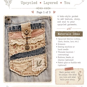 May include: A sewing pattern titled Boho Pocket Pattern Page 1 of 3 featuring a layered fabric pocket on denim. The pocket includes lace, floral fabric, a button, and a metal flower charm. Text lists materials like cotton, linen, and sewing tools.