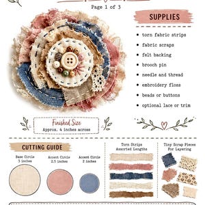 May include: A digital pattern sheet titled Boho Brooch Pattern, Page 1 of 3. It displays a layered fabric brooch with frayed edges, beads, and buttons. Includes a supplies list, a cutting guide with 3, 2.5, and 2-inch circles, and design notes.