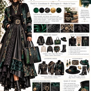 May include: An upcycled ensemble inspiration guide titled Dark Luxury featuring a collage of clothing, accessories, and styling tips. The layout includes text, images of layered outfits, jewelry, boots, and handbags in deep emerald green, black, and gold.