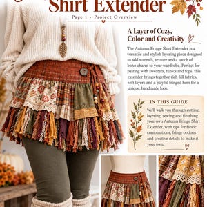 Puede incluir: Una extensión de camisa de varias capas con cintura de cuadros y cierre de botón, paneles de tela floral y lisa, y un dobladillo de largos flecos de tela multicolor en tonos naranja, marrón, amarillo y verde, mostrada en una guía de costura.