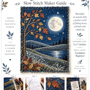 Op de afbeelding: Een Moonlight Autumn Leaves borduurhandleiding met een centraal geborduurd landschap van een boom met oranje en rode bladeren onder een volle maan. De gids bevat tekst, een afmeting van 12,7 x 17,8 cm en vier kleine procesafbeeldingen.
