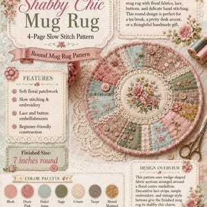 May include: A 4-page sewing pattern for a round 17.78 cm mug rug featuring floral patchwork, embroidery, lace, and buttons. The document includes a colour palette of blush, dusty pink, faded aqua, sage, cream, taupe, and muted mustard.